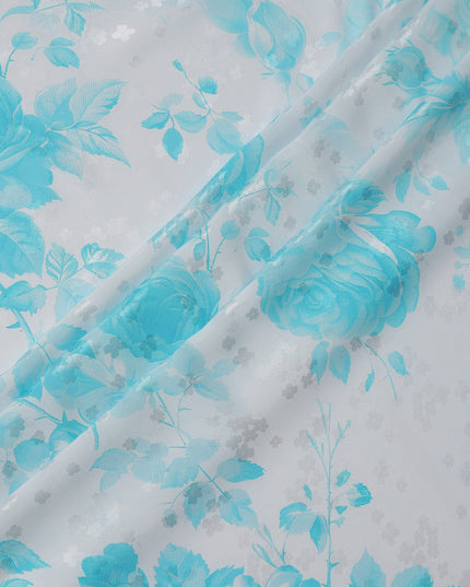 Aqua Blue Floral Print Pure Silk Satin Fabric, 140 cm Width, Made in Italy -D21164