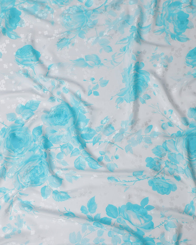 Aqua Blue Floral Print Pure Silk Satin Fabric, 140 cm Width, Made in Italy -D21164