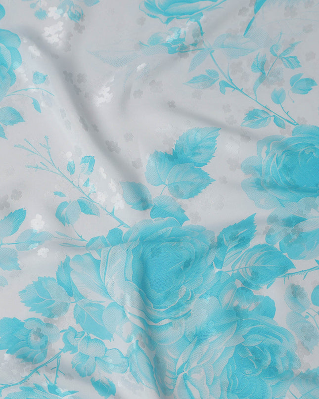 Aqua Blue Floral Print Pure Silk Satin Fabric, 140 cm Width, Made in Italy -D21164