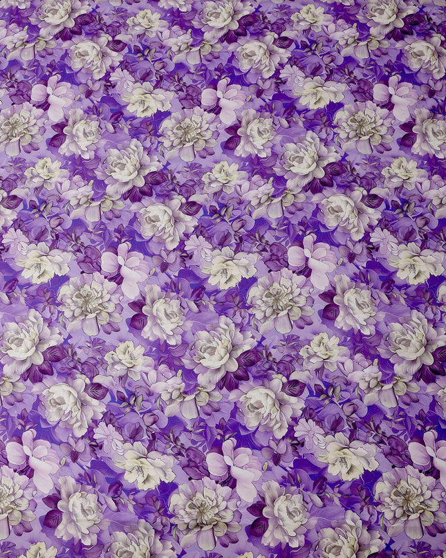 Purple and Ivory Floral Print Pure Silk Satin Fabric, 140 cm Width, Made in Italy -D21165