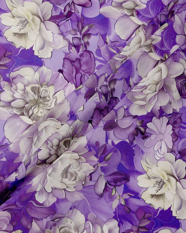 Purple and Ivory Floral Print Pure Silk Satin Fabric, 140 cm Width, Made in Italy -D21165