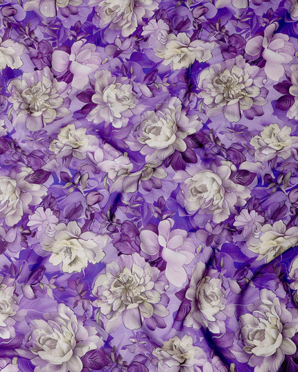 Purple and Ivory Floral Print Pure Silk Satin Fabric, 140 cm Width, Made in Italy -D21165