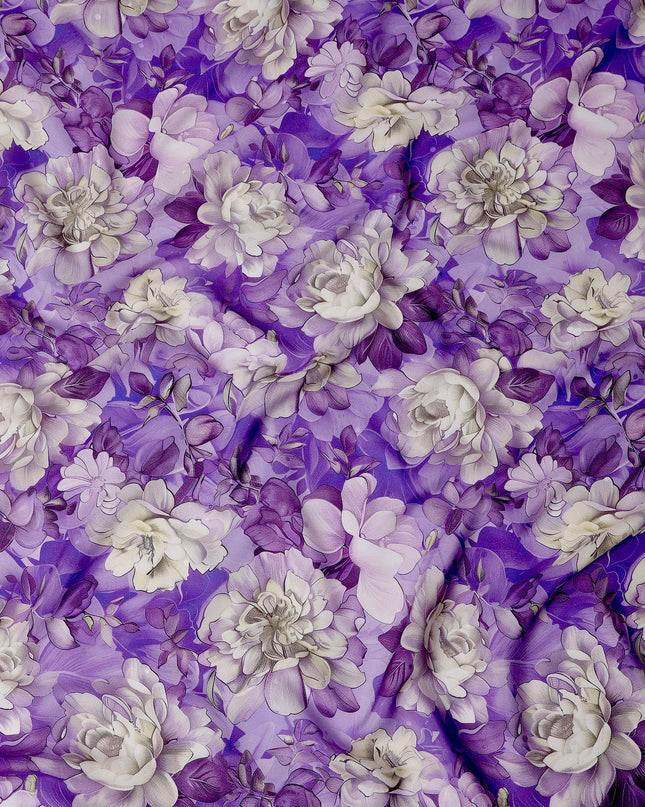 Purple and Ivory Floral Print Pure Silk Satin Fabric, 140 cm Width, Made in Italy -D21165