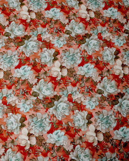 Red and Mint Green Floral Print Pure Silk Satin Fabric, 140 cm Width, Made in Italy -D21166