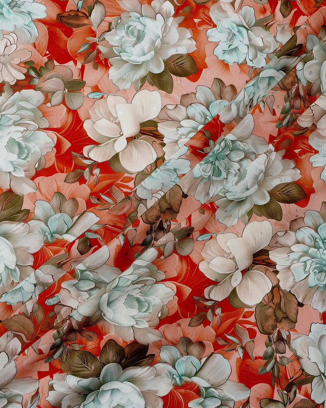 Red and Mint Green Floral Print Pure Silk Satin Fabric, 140 cm Width, Made in Italy -D21166