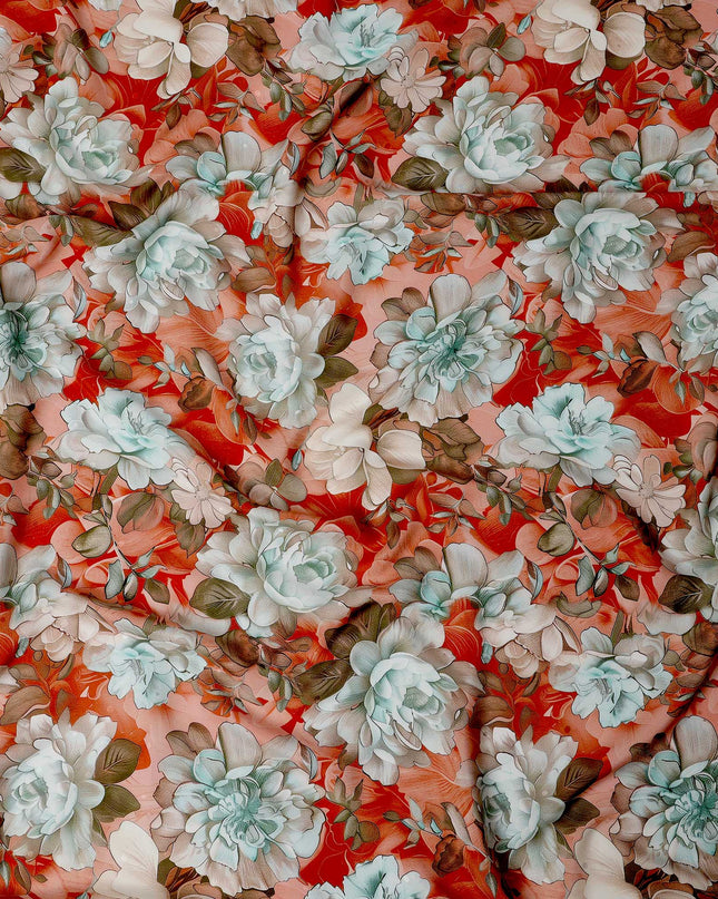 Red and Mint Green Floral Print Pure Silk Satin Fabric, 140 cm Width, Made in Italy -D21166