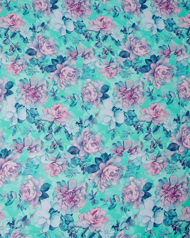 Aqua and Pink Floral Print Pure Silk Satin Fabric, 140 cm Width, Made in Italy -D21167