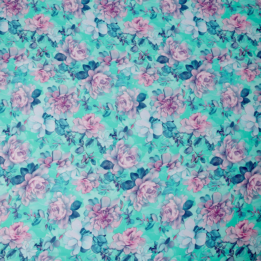 Aqua and Pink Floral Print Pure Silk Satin Fabric, 140 cm Width, Made in Italy -D21167 - Regal Fabrics