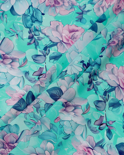 Aqua and Pink Floral Print Pure Silk Satin Fabric, 140 cm Width, Made in Italy -D21167