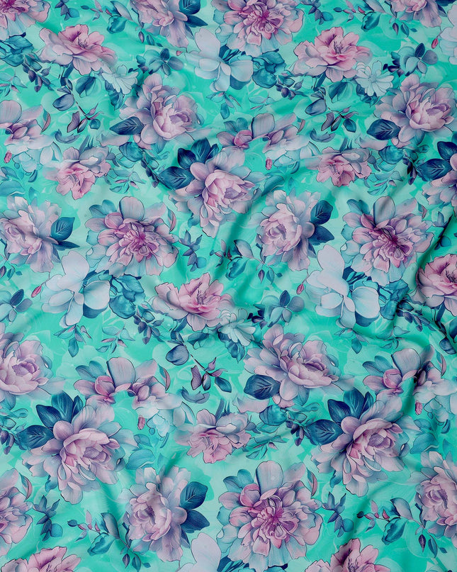 Aqua and Pink Floral Print Pure Silk Satin Fabric, 140 cm Width, Made in Italy -D21167