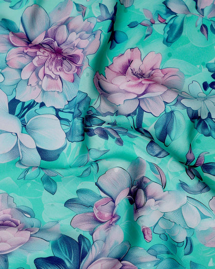 Aqua and Pink Floral Print Pure Silk Satin Fabric, 140 cm Width, Made in Italy -D21167