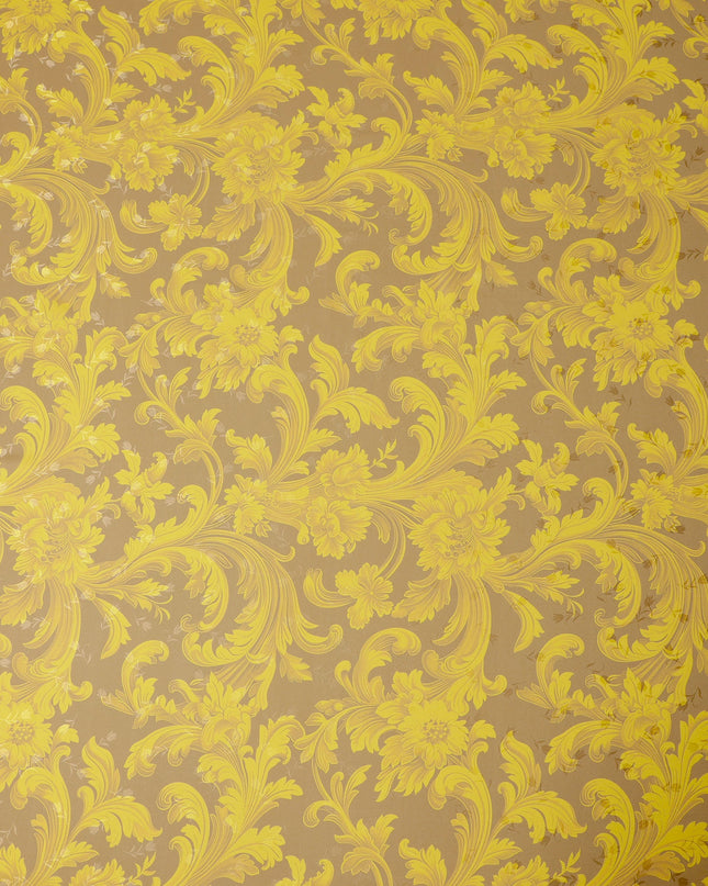 Golden Yellow Baroque Print Pure Silk Satin Fabric, 140 cm Width, Made in Italy -D21169