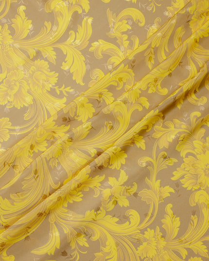 Golden Yellow Baroque Print Pure Silk Satin Fabric, 140 cm Width, Made in Italy -D21169