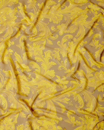 Golden Yellow Baroque Print Pure Silk Satin Fabric, 140 cm Width, Made in Italy -D21169