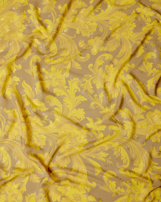 Golden Yellow Baroque Print Pure Silk Satin Fabric, 140 cm Width, Made in Italy -D21169