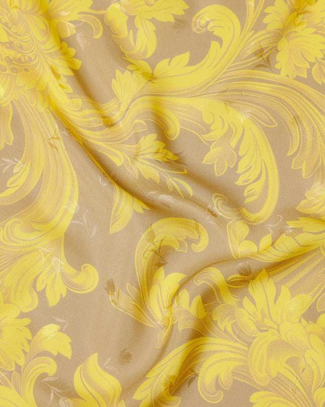 Golden Yellow Baroque Print Pure Silk Satin Fabric, 140 cm Width, Made in Italy -D21169