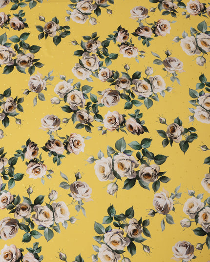 Yellow and Ivory Rose Print Pure Silk Satin Fabric, 140 cm Width, Made in Italy -D21171