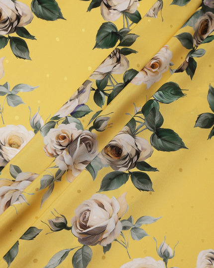 Yellow and Ivory Rose Print Pure Silk Satin Fabric, 140 cm Width, Made in Italy -D21171