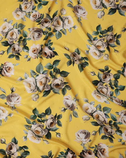 Yellow and Ivory Rose Print Pure Silk Satin Fabric, 140 cm Width, Made in Italy -D21171