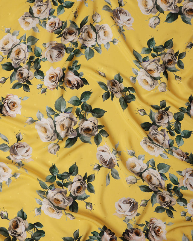 Yellow and Ivory Rose Print Pure Silk Satin Fabric, 140 cm Width, Made in Italy -D21171