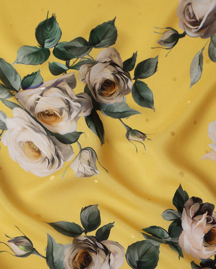 Yellow and Ivory Rose Print Pure Silk Satin Fabric, 140 cm Width, Made in Italy -D21171