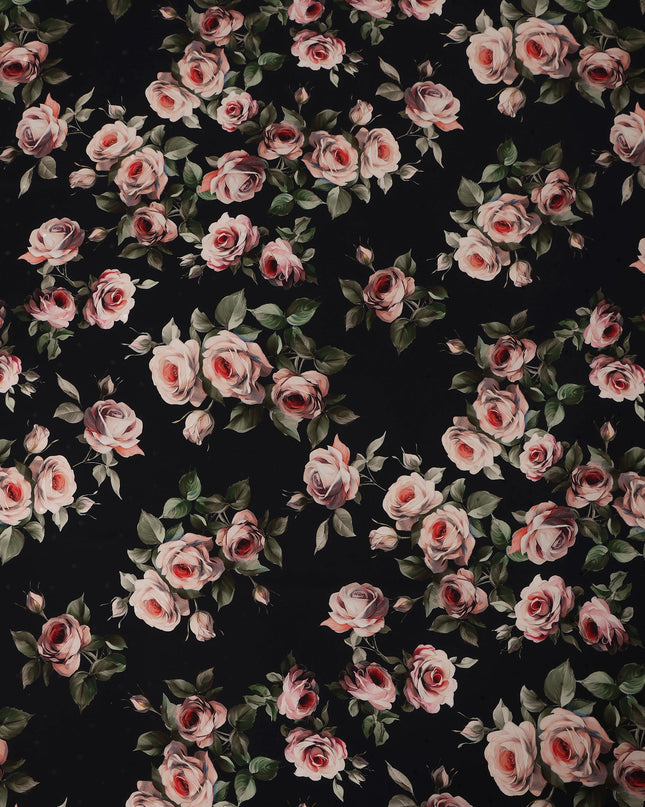 قماش ساتان حرير خالص بطبعة ورد باللونين الأسود والوردي، عرض 140 سم، صنع في إيطاليا -D21172