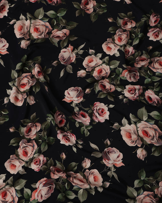 قماش ساتان حرير خالص بطبعة ورد باللونين الأسود والوردي، عرض 140 سم، صنع في إيطاليا -D21172