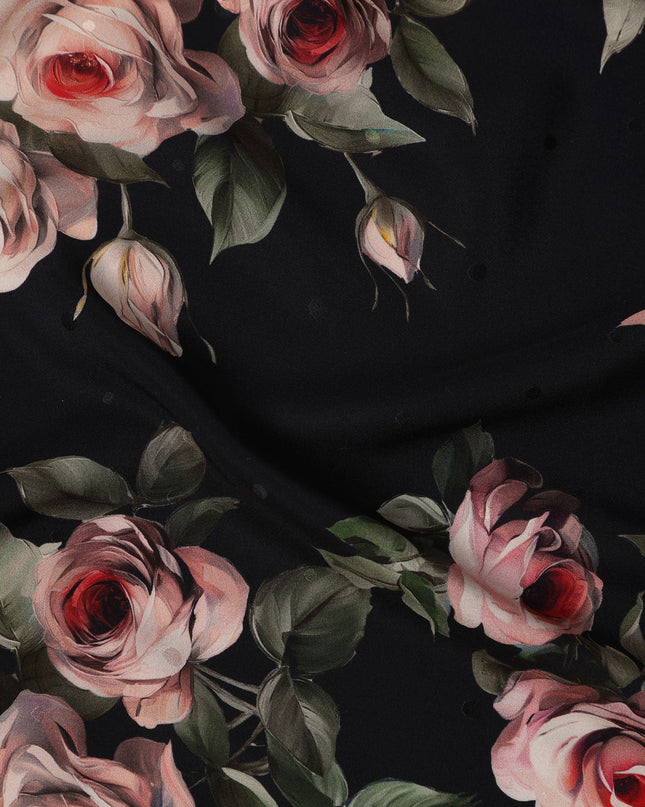 قماش ساتان حرير خالص بطبعة ورد باللونين الأسود والوردي، عرض 140 سم، صنع في إيطاليا -D21172