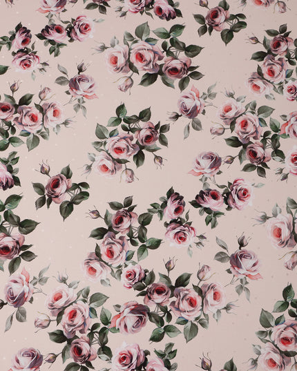 Beige and Pink Rose Print Pure Silk Satin Fabric, 140 cm Width, Made in Italy -D21173