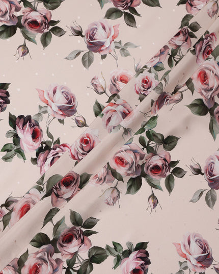 Beige and Pink Rose Print Pure Silk Satin Fabric, 140 cm Width, Made in Italy -D21173