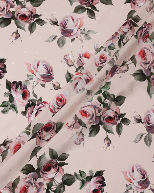 Beige and Pink Rose Print Pure Silk Satin Fabric, 140 cm Width, Made in Italy -D21173