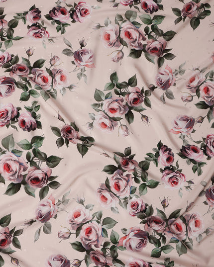 Beige and Pink Rose Print Pure Silk Satin Fabric, 140 cm Width, Made in Italy -D21173