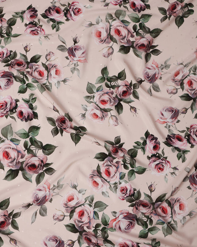 Beige and Pink Rose Print Pure Silk Satin Fabric, 140 cm Width, Made in Italy -D21173