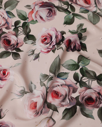 Beige and Pink Rose Print Pure Silk Satin Fabric, 140 cm Width, Made in Italy -D21173