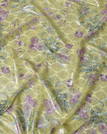 Yellow Floral Silk Chiffon Fabric with Metallic Lurex, Width 140 cm, South Korea-D21263