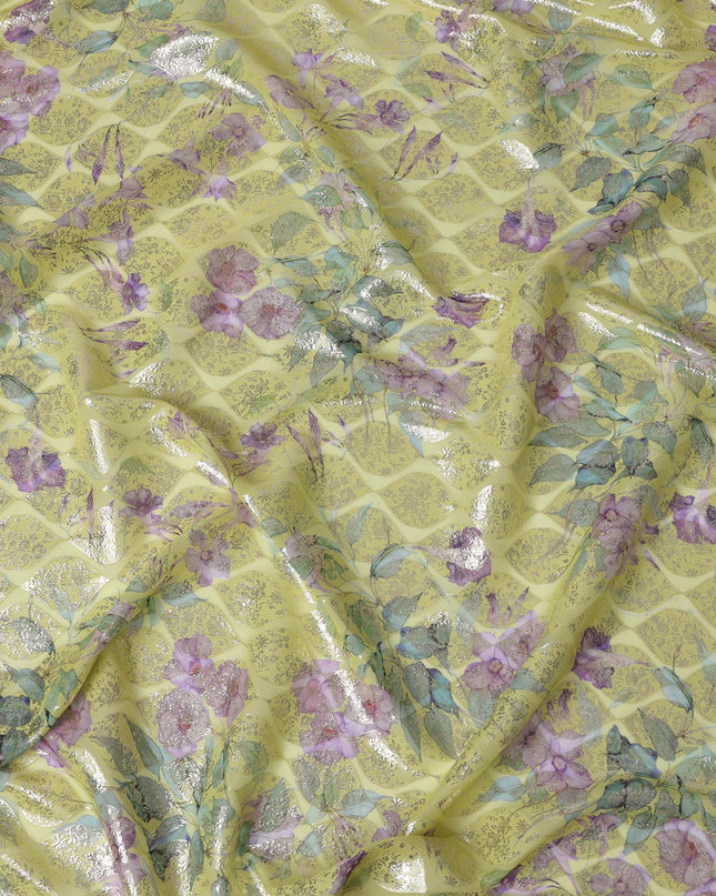 Yellow Floral Silk Chiffon Fabric with Metallic Lurex, Width 140 cm, South Korea-D21263