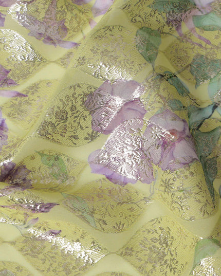 Yellow Floral Silk Chiffon Fabric with Metallic Lurex, Width 140 cm, South Korea-D21263