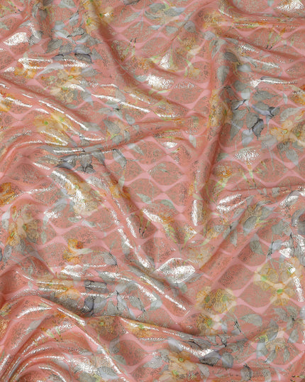 Peach Floral Silk Chiffon Fabric with Metallic Lurex, Width 140 cm, South Korea-D21264