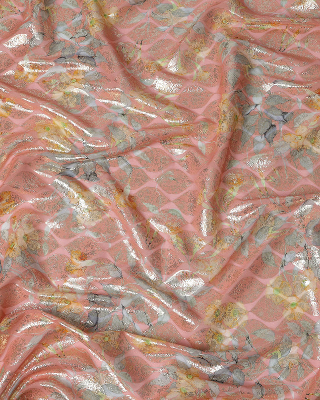 Peach Floral Silk Chiffon Fabric with Metallic Lurex, Width 140 cm, South Korea-D21264