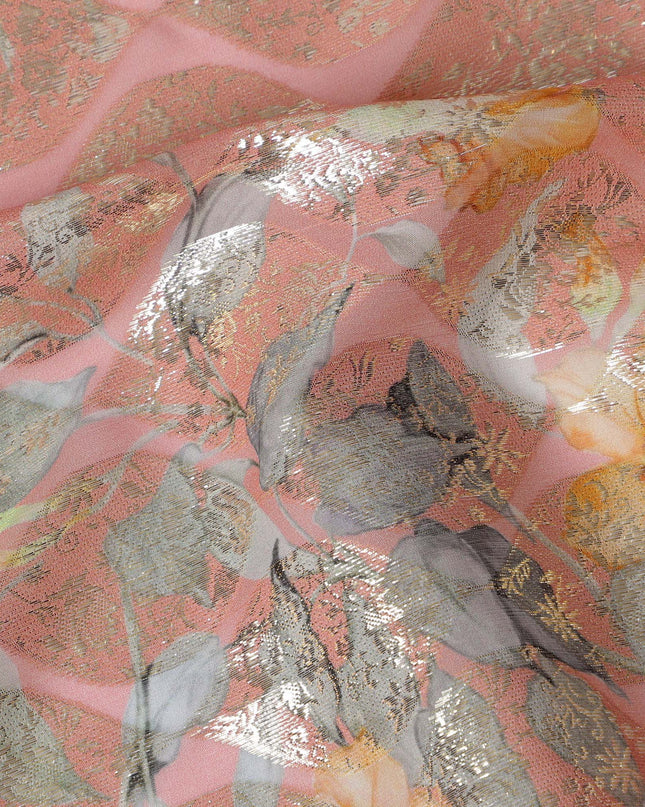 Peach Floral Silk Chiffon Fabric with Metallic Lurex, Width 140 cm, South Korea-D21264