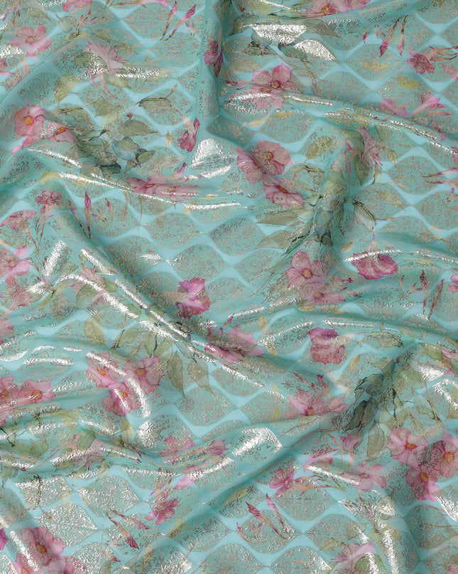 Aqua Floral Silk Chiffon Fabric with Metallic Lurex, Width 140 cm, South Korea-D21265