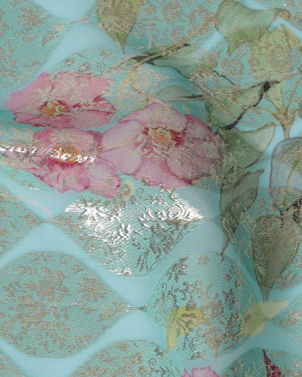 Aqua Floral Silk Chiffon Fabric with Metallic Lurex, Width 140 cm, South Korea-D21265