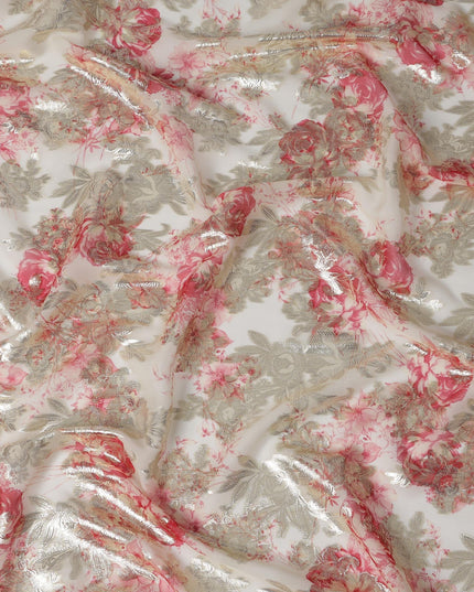 Ivory Floral Silk Chiffon Fabric with Metallic Lurex, Width 140 cm, South Korea-D21266