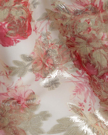 Ivory Floral Silk Chiffon Fabric with Metallic Lurex, Width 140 cm, South Korea-D21266