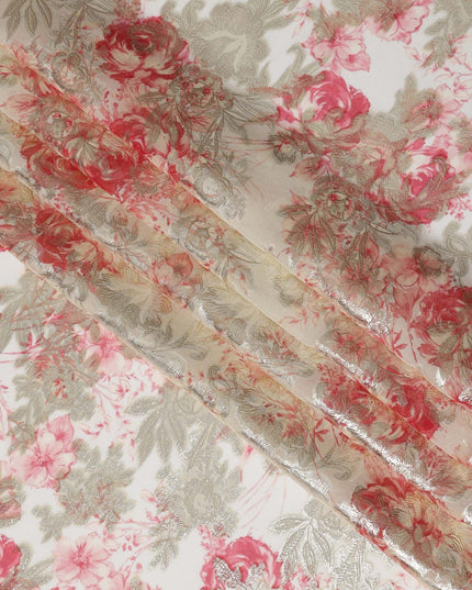 Ivory Floral Silk Chiffon Fabric with Metallic Lurex, Width 140 cm, South Korea-D21266