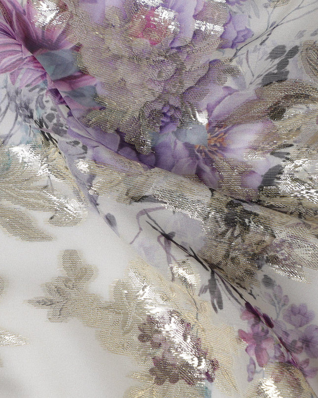 Off-White Floral Silk Chiffon Fabric with Metallic Lurex, Width 140 cm, South Korea-D21268