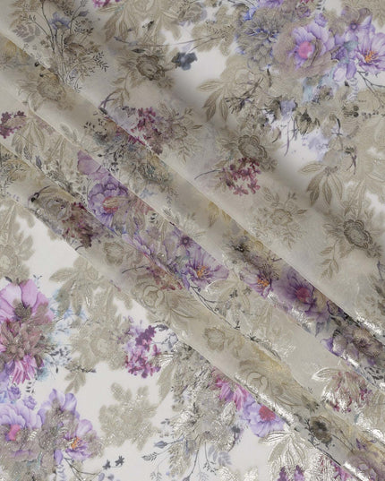 Off-White Floral Silk Chiffon Fabric with Metallic Lurex, Width 140 cm, South Korea-D21268