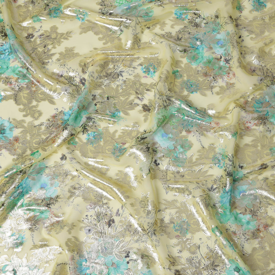 قماش شيفون حرير مزهر باللون الأصفر الليموني مع لوركس معدني، عرض 140 سم، كوريا الجنوبية-D21269