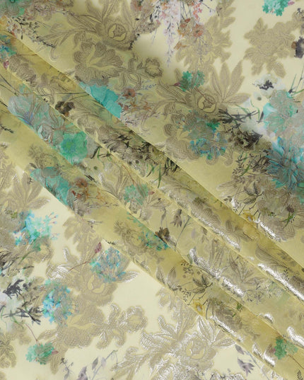 Lemon Yellow Floral Silk Chiffon Fabric with Metallic Lurex, Width 140 cm, South Korea-D21269