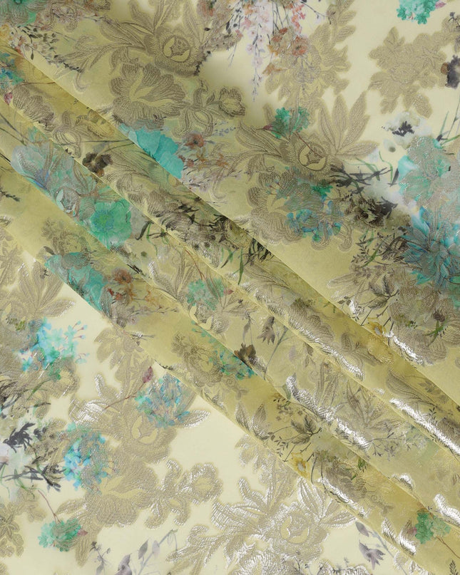 Lemon Yellow Floral Silk Chiffon Fabric with Metallic Lurex, Width 140 cm, South Korea-D21269